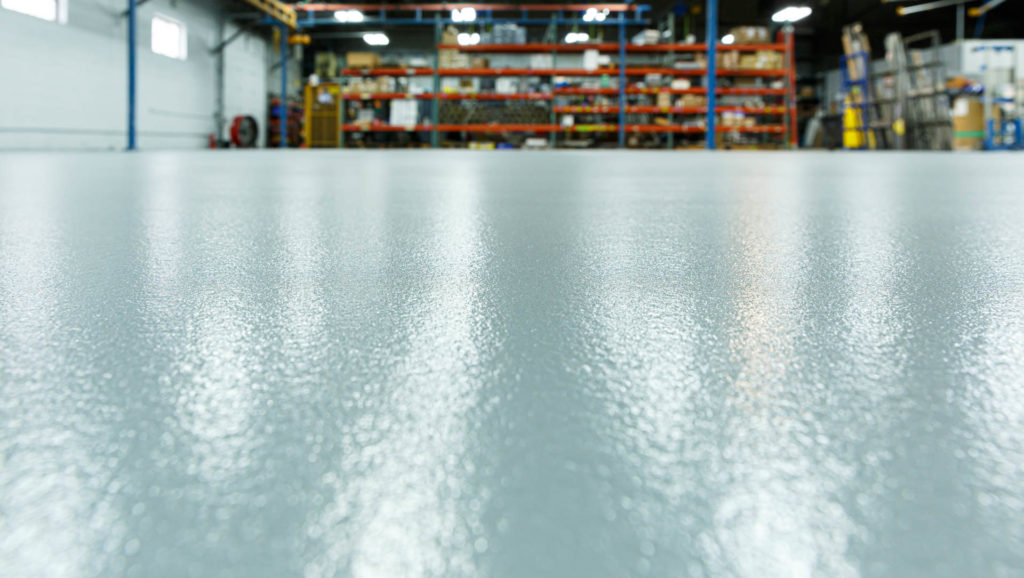floor-level view of a freshly redone warehouse floor showing quality of concrete overlay in kansas city